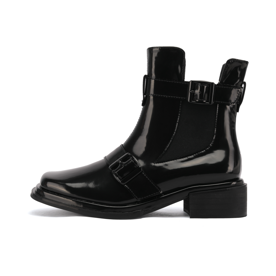 Women Square Toe Block Heel Martin Boots Black