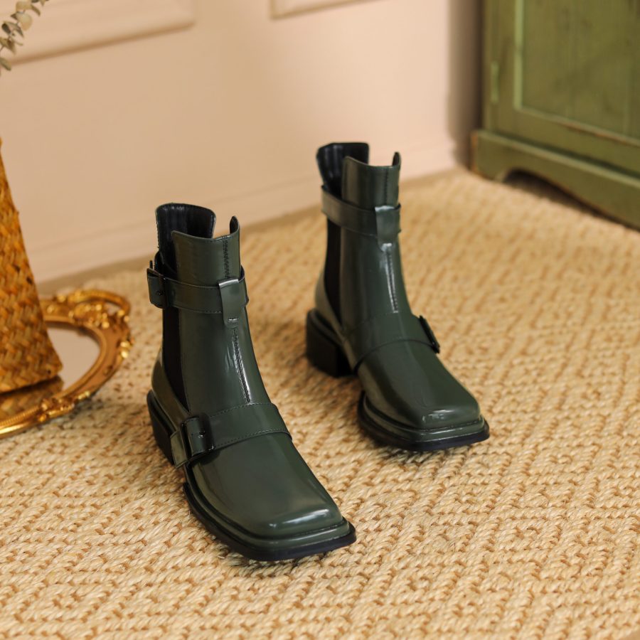 Women Square Toe Block Heel Martin Boots Green - Image 3