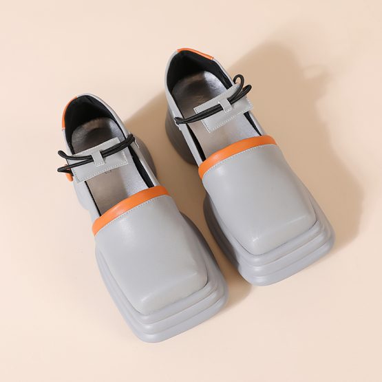 Women Retro Color-blocking Platform Leather Shoes Gray