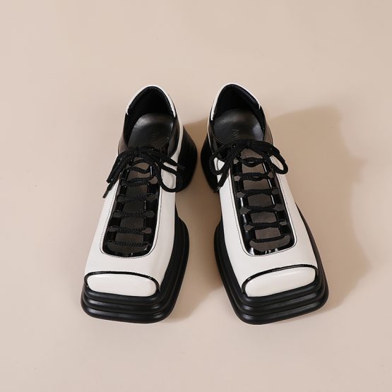 Women Hollow Platform Square Toe Leather Shoes White