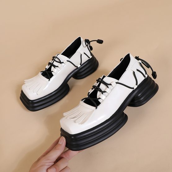 Women Vintage Vubber Band Lace-up Leather Shoes White