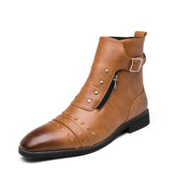 Spring new plus size men’s British style pointed toe high-top leather boots