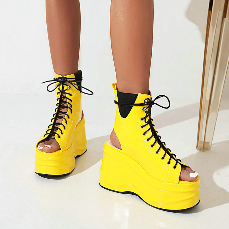 Women Cutout Lace-Up Sandals Yellow - Image 3