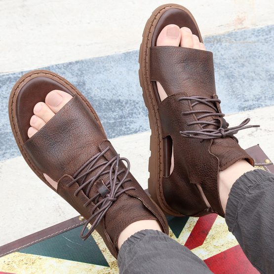 Men High Top Leather Sandals Brown