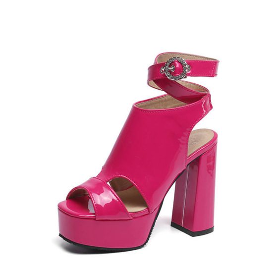 Women Chunky High Heel Fashion Sandals Rose Red