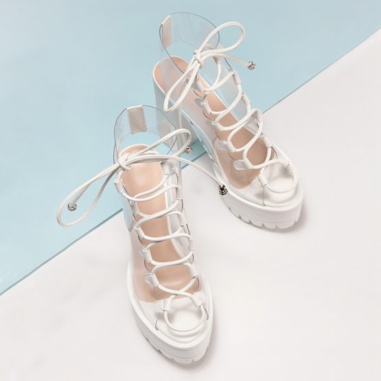 Women Transparent Lace-Up Chunky Heel Sandals