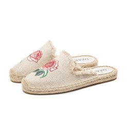 Embroidered Rose Fisherman Slippers Beige