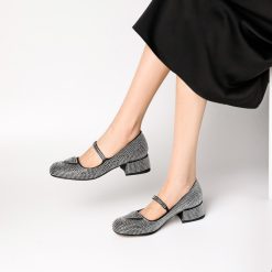 Women Rhinestone Low-heel Single Shoes Silver (2)