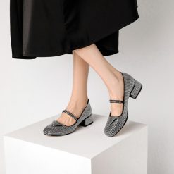 Women Rhinestone Low-heel Single Shoes Silver (5)