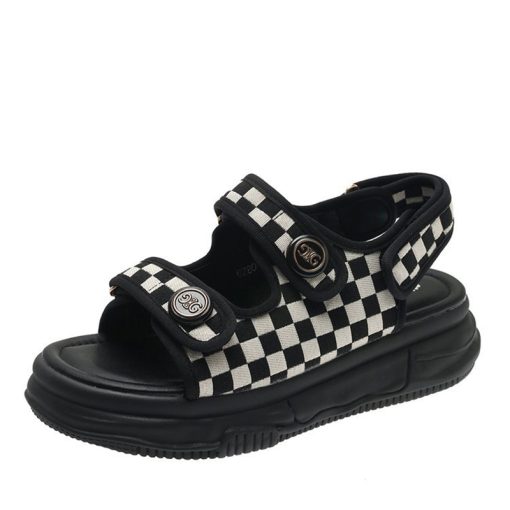 Women Black and White Check Sandals