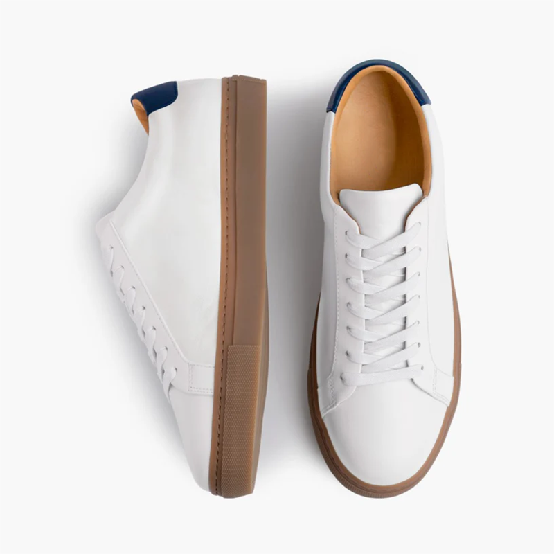 Men’s Lace-up Simple Soft Leather Casual Shoes,White x Navy - Image 3