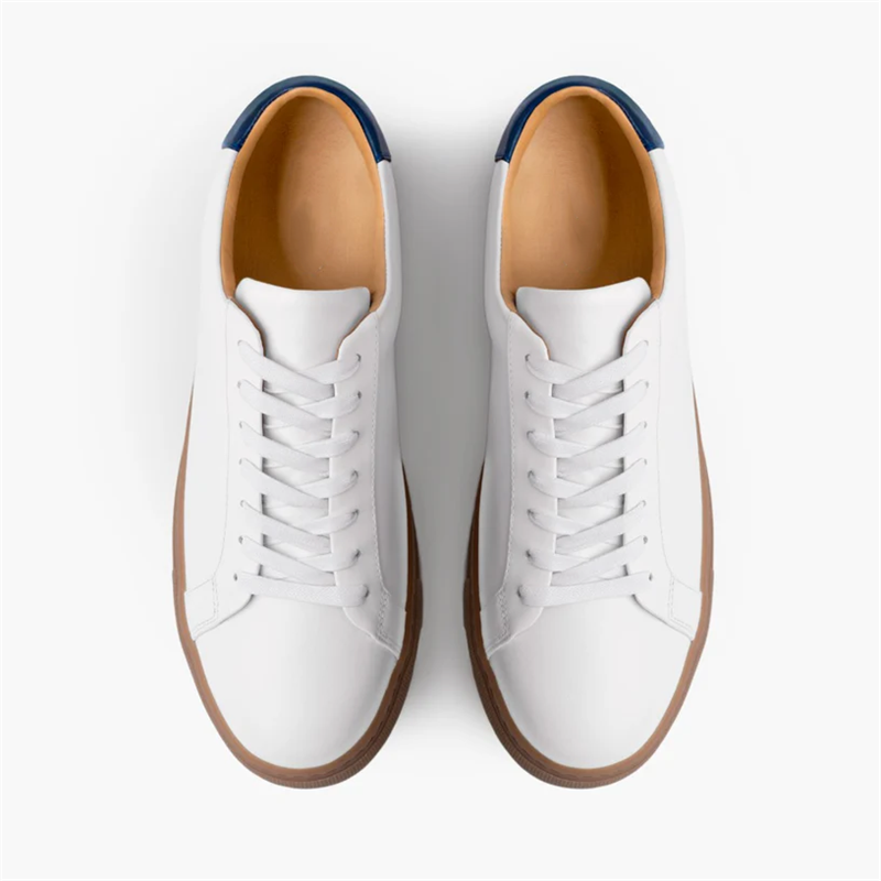 Men’s Lace-up Simple Soft Leather Casual Shoes,White x Navy - Image 6