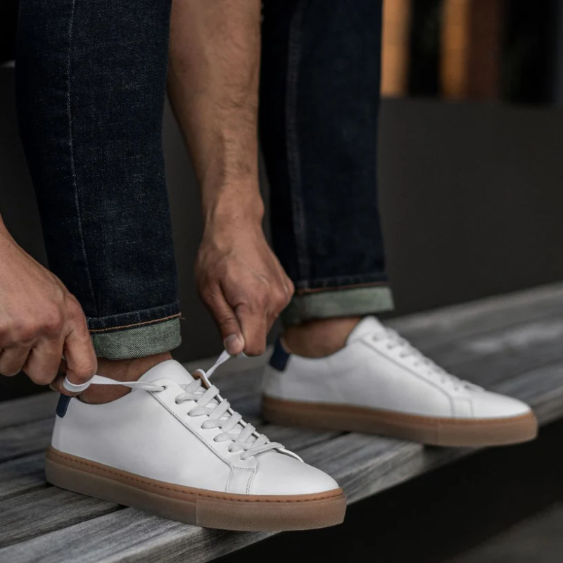 Men’s Lace-up Simple Soft Leather Casual Shoes,White x Navy - Image 7