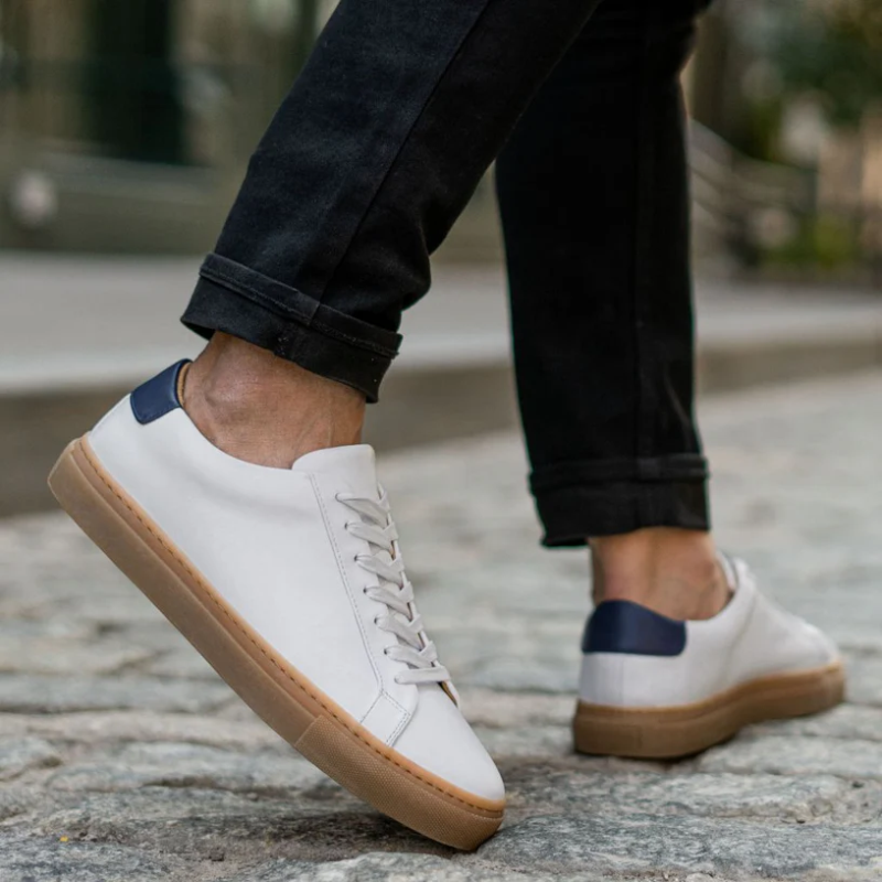 Men’s Lace-up Simple Soft Leather Casual Shoes,White x Navy - Image 8