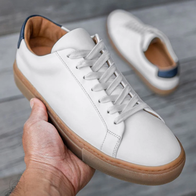 Men’s Lace-up Simple Soft Leather Casual Shoes,White x Navy - Image 9