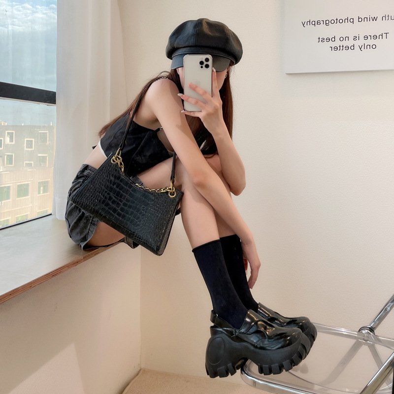 Women Black Height Increasing Leather Shoes - Image 7