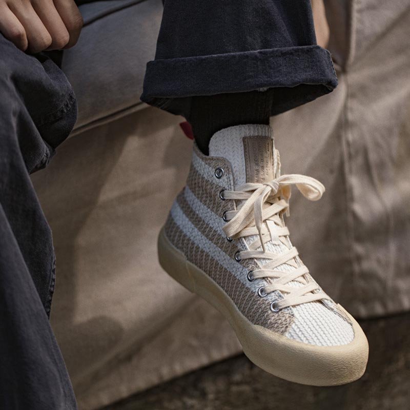 High Top Woven Panel Casual Shoes Beige - Image 3