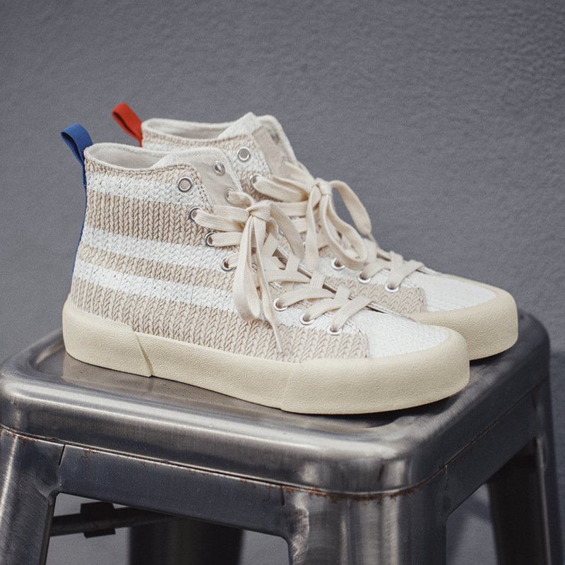 High Top Woven Panel Casual Shoes Beige - Image 4