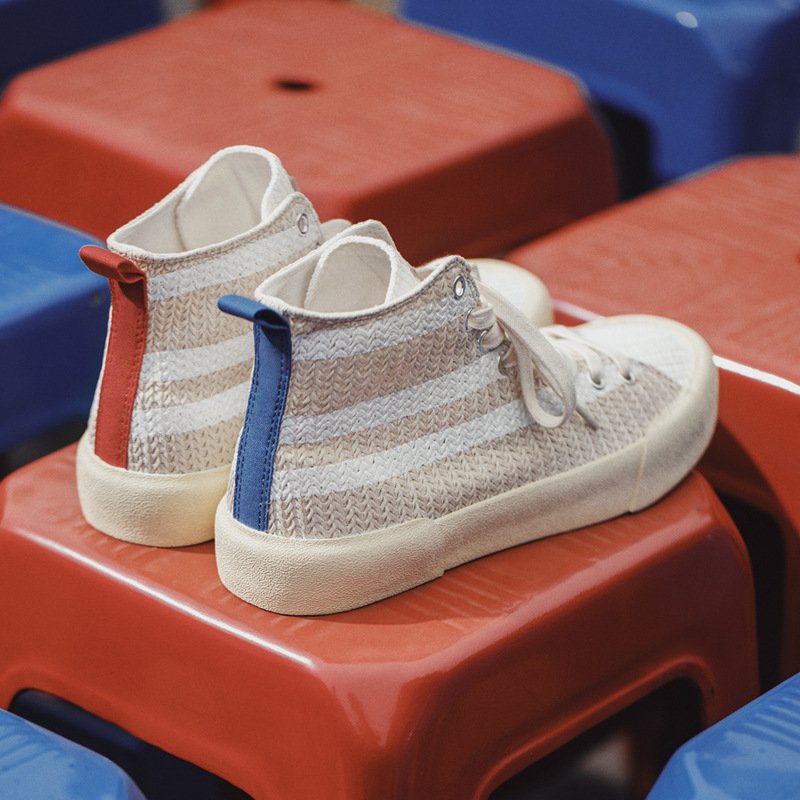 High Top Woven Panel Casual Shoes Beige - Image 5