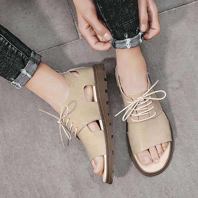 Lace-up Leather Open Toe Sandals - Image 3