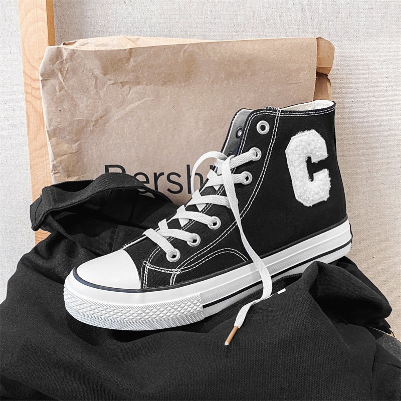 Men High Top Letter C Canvas Shoes Black - Image 3