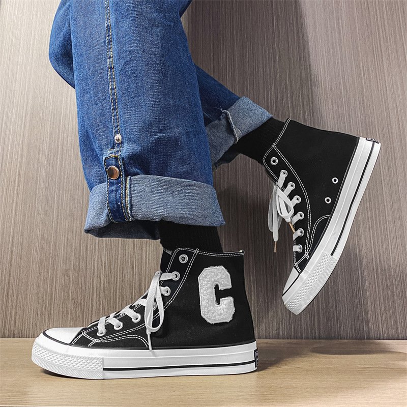 Men High Top Letter C Canvas Shoes Black - Image 4