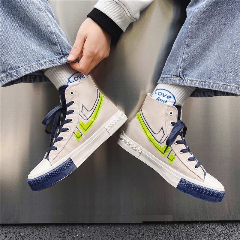 Men High Top Stitching Color Canvas Shoes Beige - Image 3