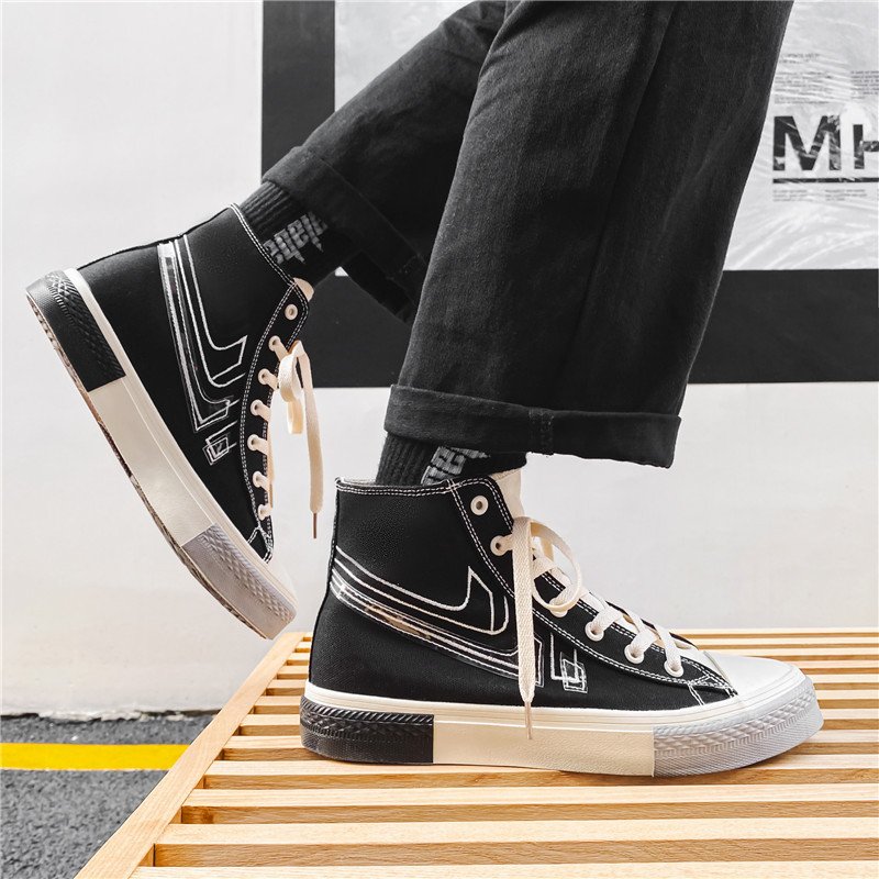 Men High Top Stitching Color Canvas Shoes Black - Image 3