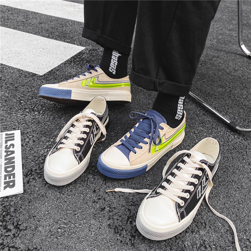 Men Low Top Stitching Color Canvas Shoes Beige - Image 3