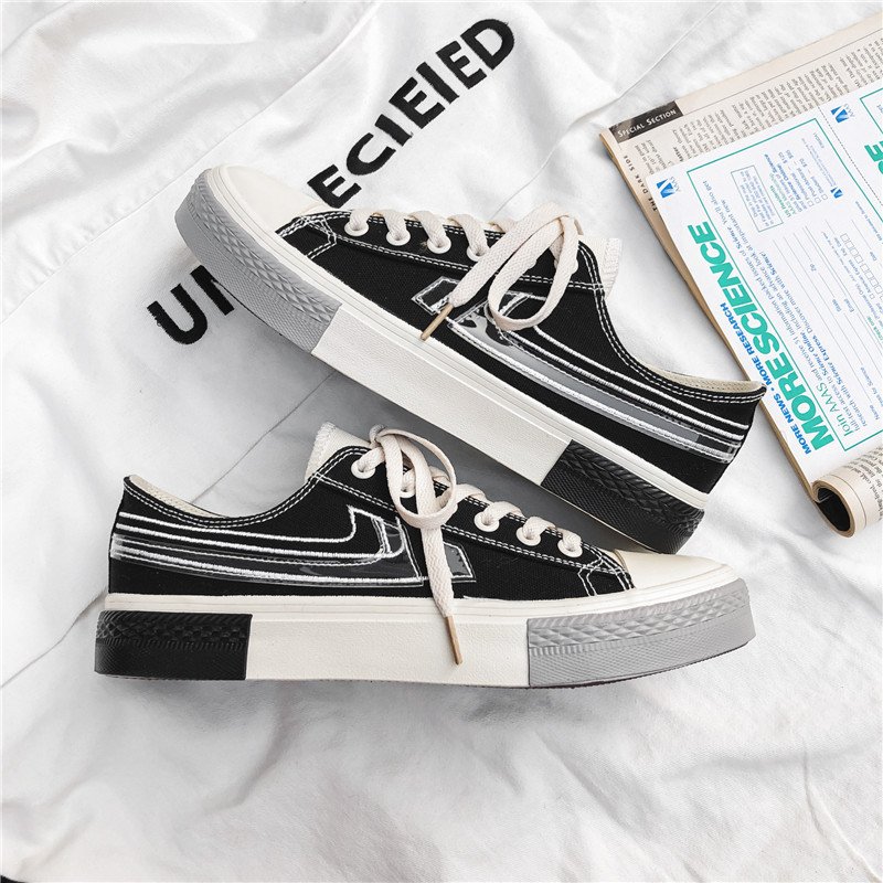 Men Low Top Stitching Color Canvas Shoes Black - Image 4