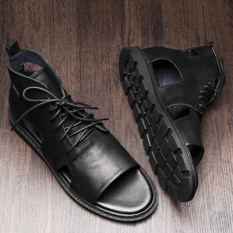 Men High Top Leather Sandals Black - Image 3