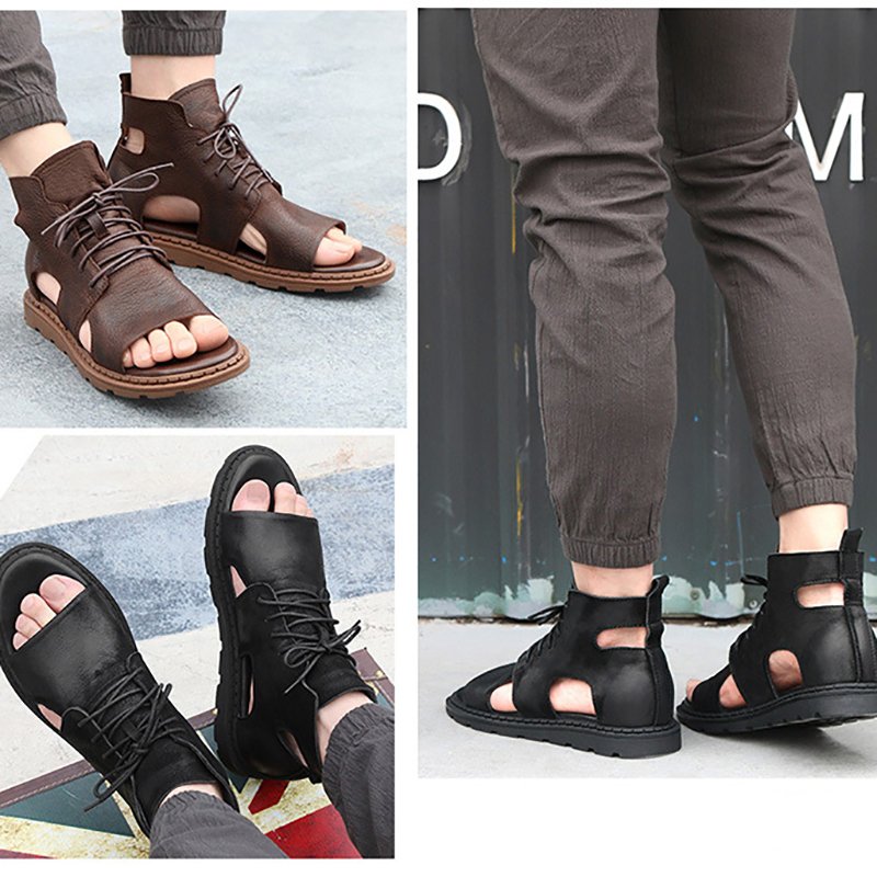Men High Top Leather Sandals Black - Image 4