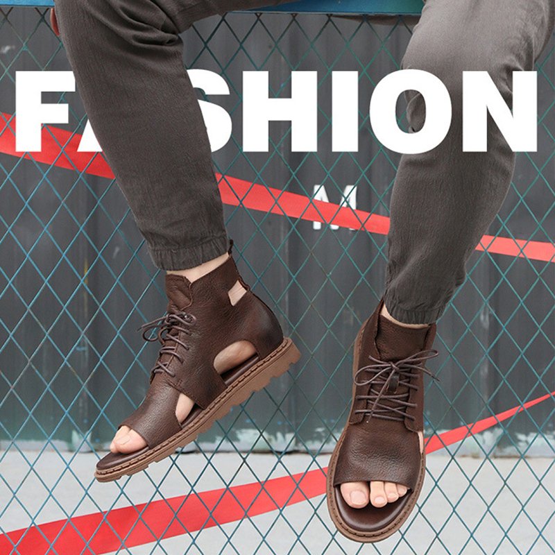 Men High Top Leather Sandals Brown - Image 4