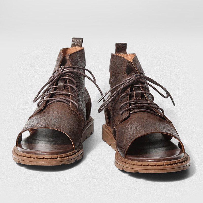 Men High Top Leather Sandals Brown - Image 3