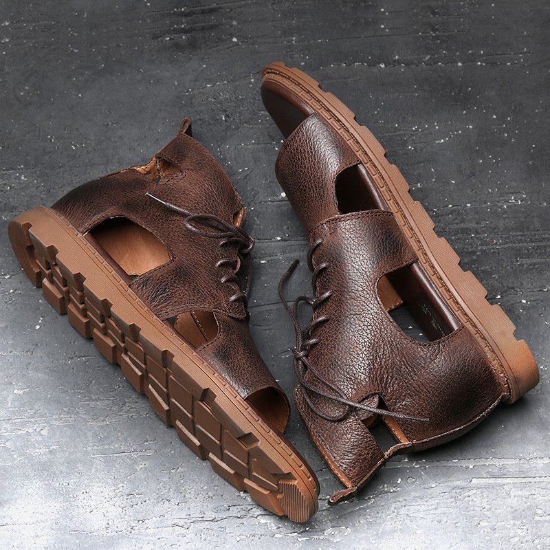 Men High Top Leather Sandals Brown - Image 5
