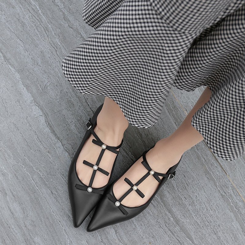 Women Bow Tie Pearl Single Shoes - Image 4