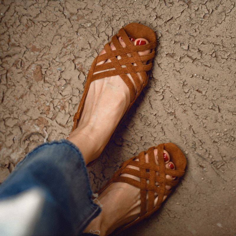 Women Flat Woven Nubuck Sandals Brown - Image 3