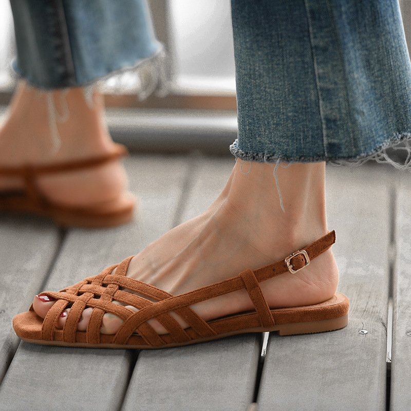 Women Flat Woven Nubuck Sandals Brown - Image 4
