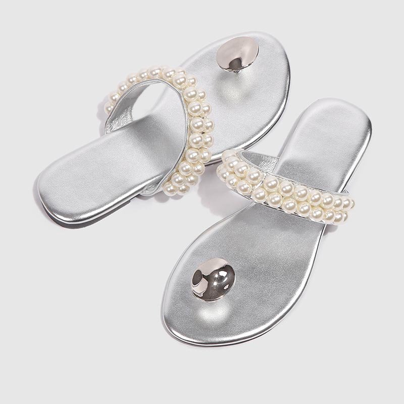 Women Niche Design Pearl Slippers Silver - Image 3