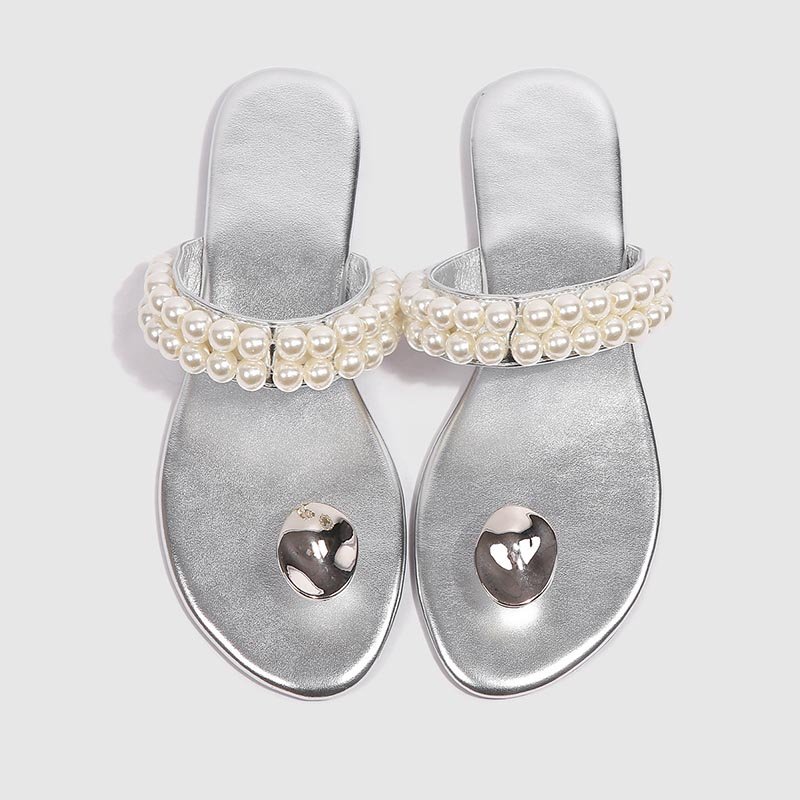 Women Niche Design Pearl Slippers Silver - Image 4