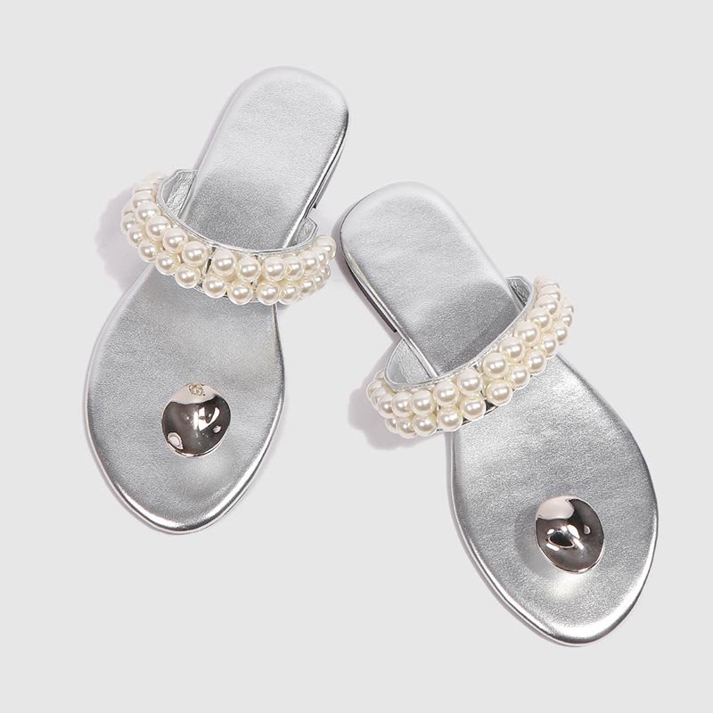 Women Niche Design Pearl Slippers Silver - Image 5