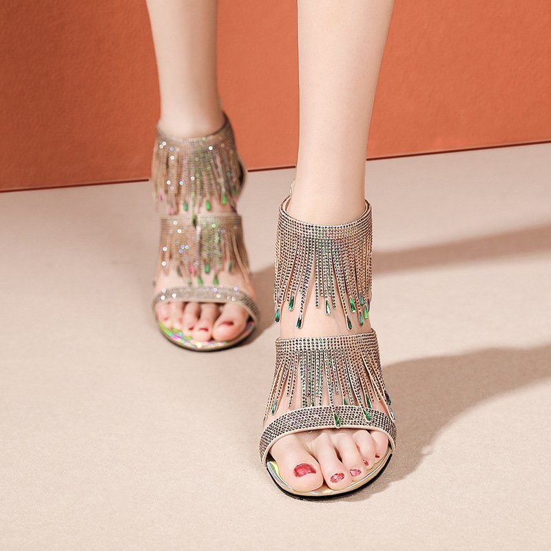 Women Rhinestone Fringed High Heels - Image 4