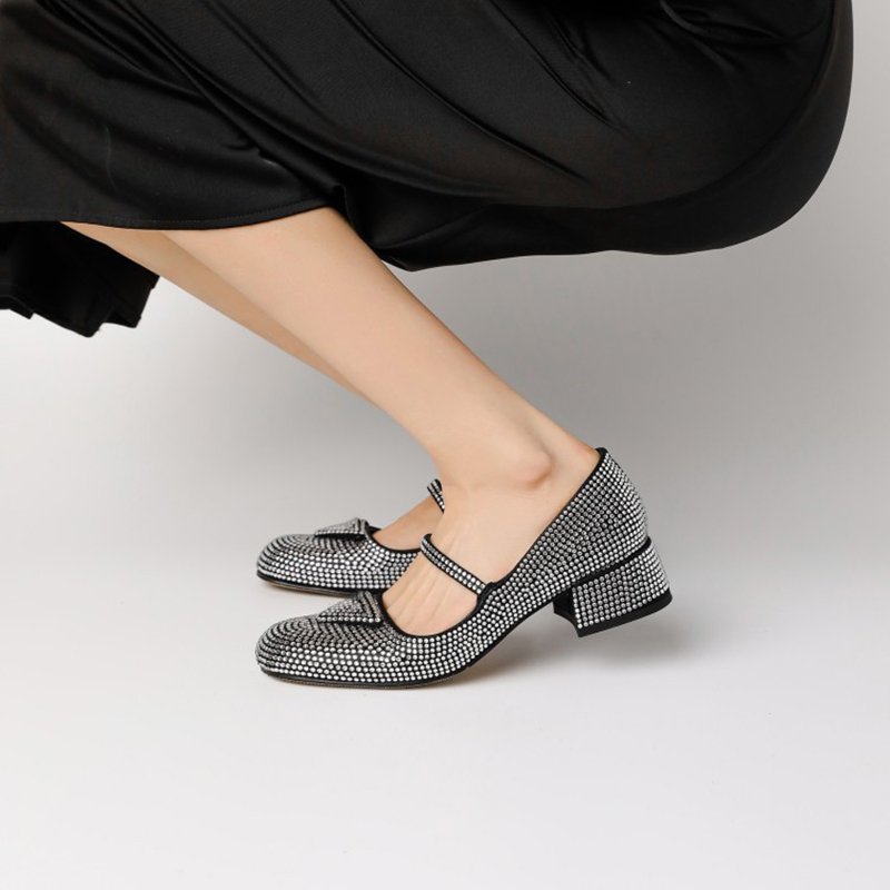 Women Rhinestone Low-heel Single Shoes Silver - Image 3