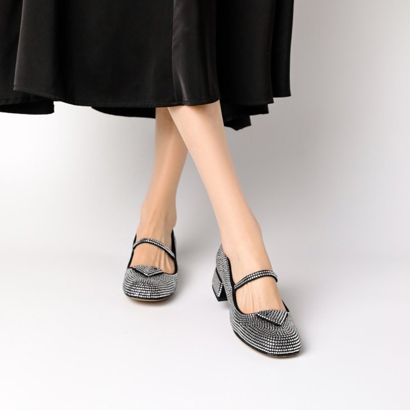 Women Rhinestone Low-heel Single Shoes Silver - Image 4