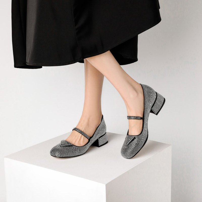 Women Rhinestone Low-heel Single Shoes Silver - Image 5