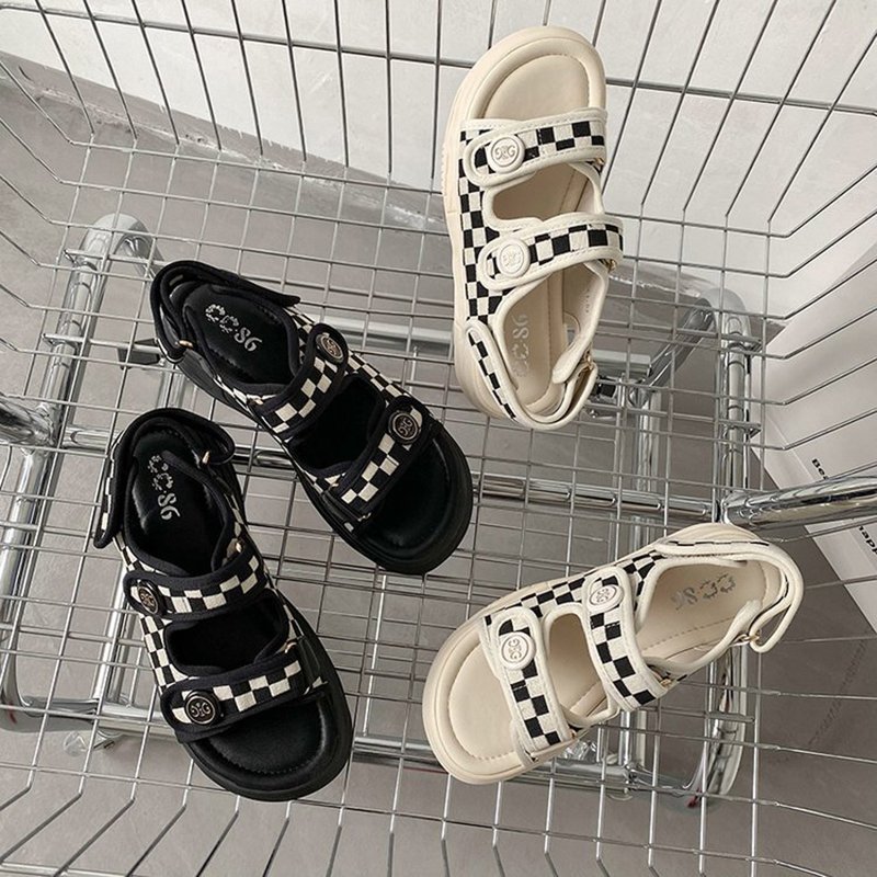 Women Black and White Check Sandals - Image 5