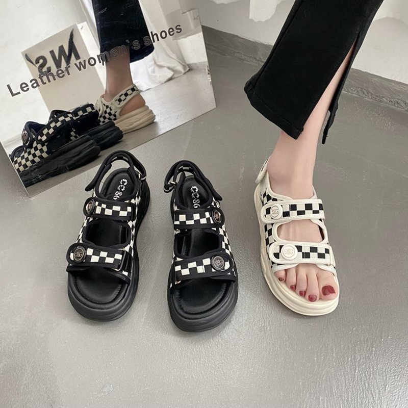 Women Black and White Check Sandals - Image 3
