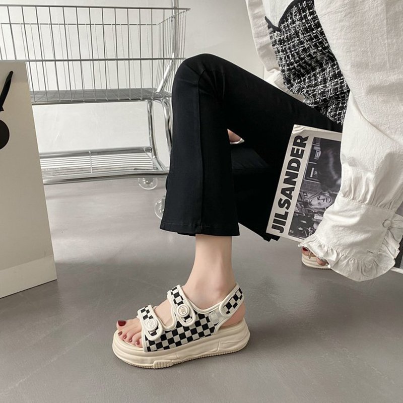 Women Black and White Check Sandals - Image 4
