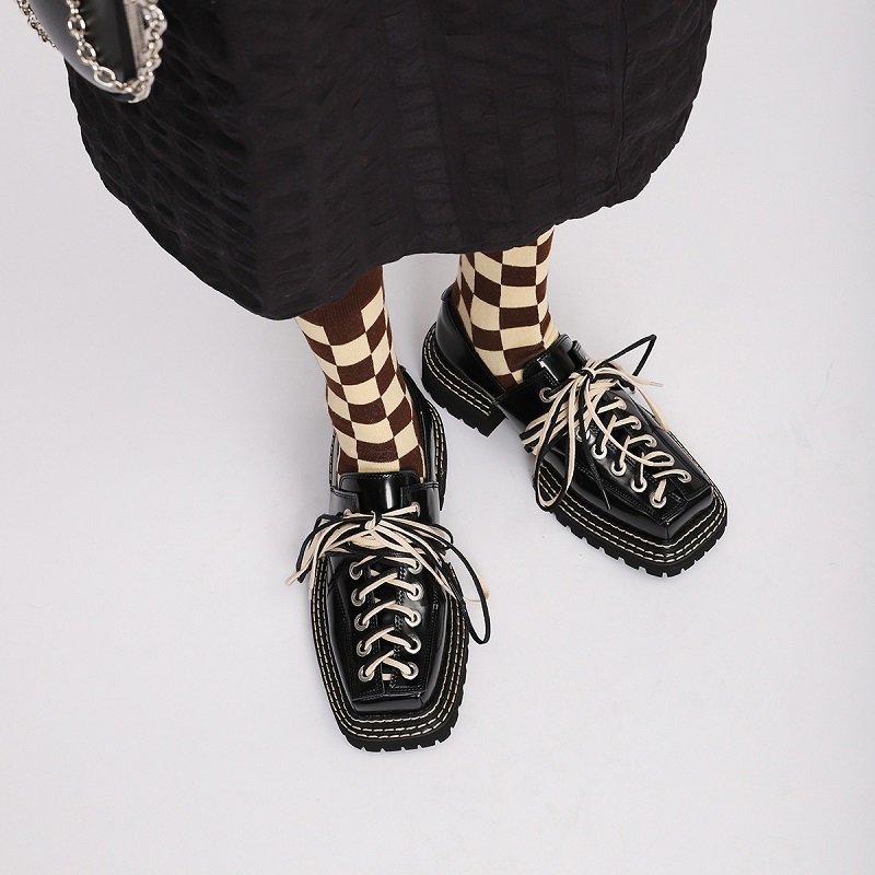 Women Square Lace-up Leather Shoes - Image 4