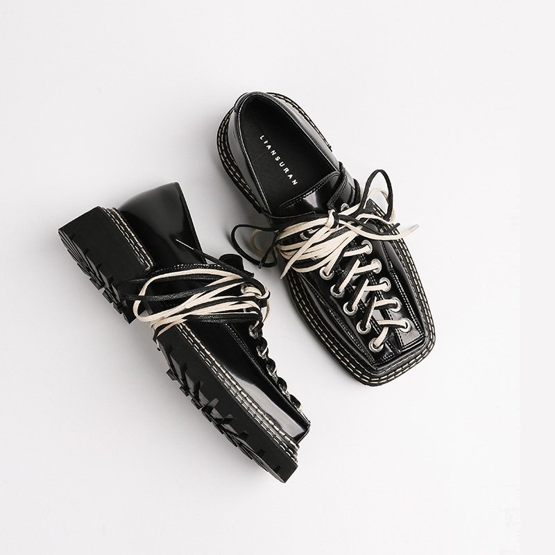 Women Square Lace-up Leather Shoes - Image 5